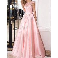A-Line/Princess Sleeveless Sheer Neck Floor-Length Lace Satin Dresses