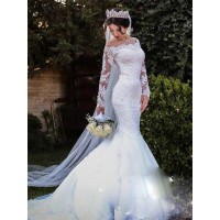 Trumpet/Mermaid Tulle Lace Off-the-Shoulder Long Sleeves Sweep/Brush Train Wedding Dresses