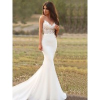 Trumpet/Mermaid Satin Applique Spaghetti Straps Sleeveless Sweep/Brush Train Wedding Dresses