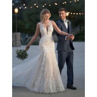 Trumpet/Mermaid Tulle Applique Scoop Sleeveless Sweep/Brush Train Wedding Dresses