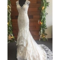 Trumpet/Mermaid Tulle Lace V-neck Sleeveless Sweep/Brush Train Wedding Dresses