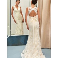 Trumpet/Mermaid Lace Sash/Ribbon/Belt V-neck Sleeveless Sweep/Brush Train Wedding Dresses