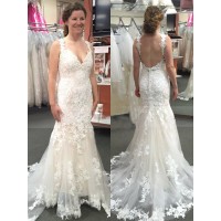 Trumpet/Mermaid Tulle Applique Straps Sleeveless Sweep/Brush Train Wedding Dresses