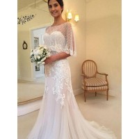Sheath/Column Tulle Applique Sweetheart Sleeveless Sweep/Brush Train Wedding Dresses