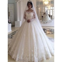 Ball Gown Tulle Applique Off-the-Shoulder Long Sleeves Sweep/Brush Train Wedding Dresses