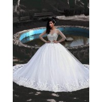 Ball Gown Tulle Beading Scoop Long Sleeves Sweep/Brush Train Wedding Dresses