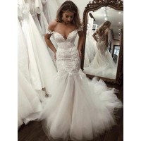 Trumpet/Mermaid Tulle Applique Off-the-Shoulder Sleeveless Sweep/Brush Train Wedding Dresses