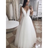 A-Line/Princess Tulle Ruffles V-neck Sleeveless Floor-Length Wedding Dresses