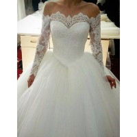 Ball Gown Tulle Applique Off-the-Shoulder Long Sleeves Sweep/Brush Train Wedding Dresses