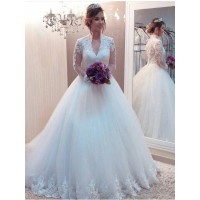 Ball Gown Tulle Applique High Neck Long Sleeves Sweep/Brush Train Wedding Dresses