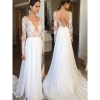 A-Line/Princess Chiffon Lace V-neck Long Sleeves Sweep/Brush Train Wedding Dresses