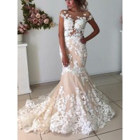 Trumpet/Mermaid Tulle Applique Bateau Short Sleeves Sweep/Brush Train Wedding Dresses
