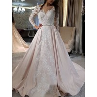 A-Line/Princess Satin Applique V-neck Long Sleeves Sweep/Brush Train Wedding Dresses