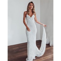 Sheath/Column Lace Spaghetti Straps Sleeveless Sweep/Brush Train Wedding Dresses