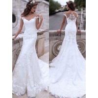 Trumpet/Mermaid Tulle Applique Off-the-Shoulder Sleeveless Sweep/Brush Train Wedding Dresses