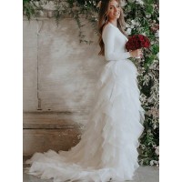 A-Line/Princess Tulle Ruffles Scoop Long Sleeves Sweep/Brush Train Wedding Dresses