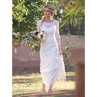 Sheath/Column Lace Bateau 1/2 Sleeves Sweep/Brush Train Wedding Dresses