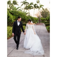 A-Line/Princess Tulle Lace Off-the-Shoulder Long Sleeves Sweep/Brush Train Wedding Dresses