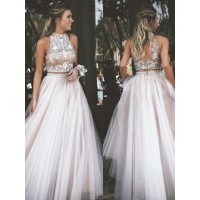 A-Line/Princess Sleeveless High Neck Tulle Beading Floor-Length Dresses