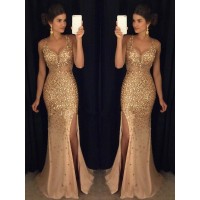 Sheath/Column V-neck Sequin Sweep/Brush Train Sleeveless Jersey Dresses