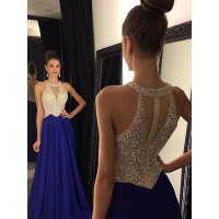 A-Line/Princess Scoop Sleeveless Sweep/Brush Train Beading Chiffon Dresses