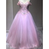 Ball Gown Sleeveless Spaghetti Straps Tulle Crystal Floor-Length Dresses
