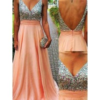 A-Line/Princess V-Neck Sleeveless Sweep/Brush Train Beading Chiffon Dresses