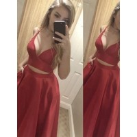 A-Line/Princess Sleeveless V-Neck Satin Floor-Length Two Piece Dresses