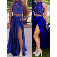A-Line/Princess Sleeveless High Neck Elastic Woven Satin Beading Sweep/Brush Train Two Piece Dresses