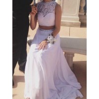 A-Line/Princess Sleeveless Jewel Chiffon Beading Floor-Length Two Piece Dresses