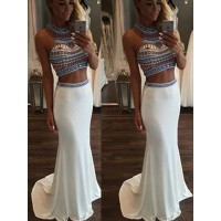 Trumpet/Mermaid Sleeveless Halter Beading Sweep/Brush Train Chiffon Two Piece Dresses