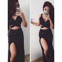 Trumpet/Mermaid Sleeveless Floor-Length V-neck Spandax Two Piece Dresses