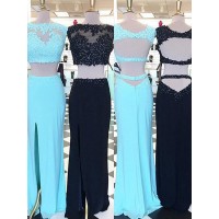 Sheath/Column Sleeveless Scoop Floor-Length Applique Satin Two Piece Dresses