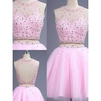 A-Line/Princess Sleeveless Scoop Short/Mini Beading Tulle Two Piece Dresses