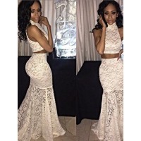 Trumpet/Mermaid Sleeveless Halter Sweep/Brush Train Lace Two Piece Dresses