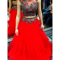 A-Line/Princess Scoop Sleeveless Floor-Length Applique Satin Two Piece Dresses