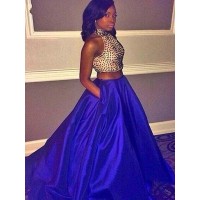 Ball Gown Sleeveless Halter Sweep/Brush Train Beading Taffeta Two Piece Dresses