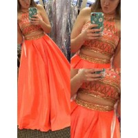 A-Line/Princess Sleeveless High Neck Satin Beading Floor-Length Two Piece Dresses