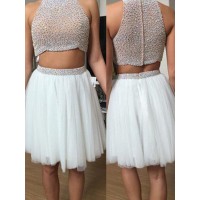 A-Line/Princess Sleeveless High Neck Tulle Beading Short/Mini Two Piece Dresses