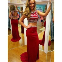 Sheath/Column Sleeveless Scoop Sweep/Brush Train Beading Chiffon Two Piece Dresses