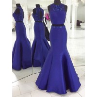 Trumpet/Mermaid Sleeveless Scoop Floor-Length Beading Satin Two Piece Dresses