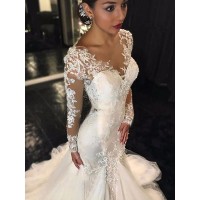 Trumpet/Mermaid V-neck Long Sleeves Lace Court Train Tulle Wedding Dresses