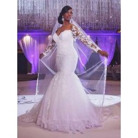 Trumpet/Mermaid Long Sleeves Sweetheart Sweep/Brush Train Applique Tulle Wedding Dresses