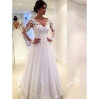 Ball Gown V-neck Long Sleeves Lace Sweep/Brush Train Tulle Wedding Dresses