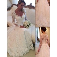Ball Gown V-neck Long Sleeves Lace Court Train Tulle Wedding Dresses