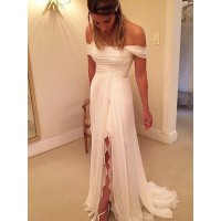 A-Line/Princess Sweep/Brush Train Off-the-Shoulder Sleeveless Ruffles Chiffon Wedding Dresses