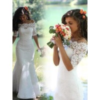 Trumpet/Mermaid Off-the-Shoulder 1/2 Sleeves Lace Sweep/Brush Train Wedding Dresses
