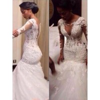 Trumpet/Mermaid V-neck Long Sleeves Lace Floor-Length Tulle Wedding Dresses