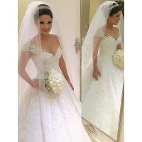 Ball Gown Sleeveless V-neck Beading Floor-Length Tulle Wedding Dresses