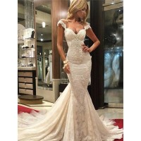 Trumpet/Mermaid Sleeveless Chapel Train V-neck Lace Wedding Dresses